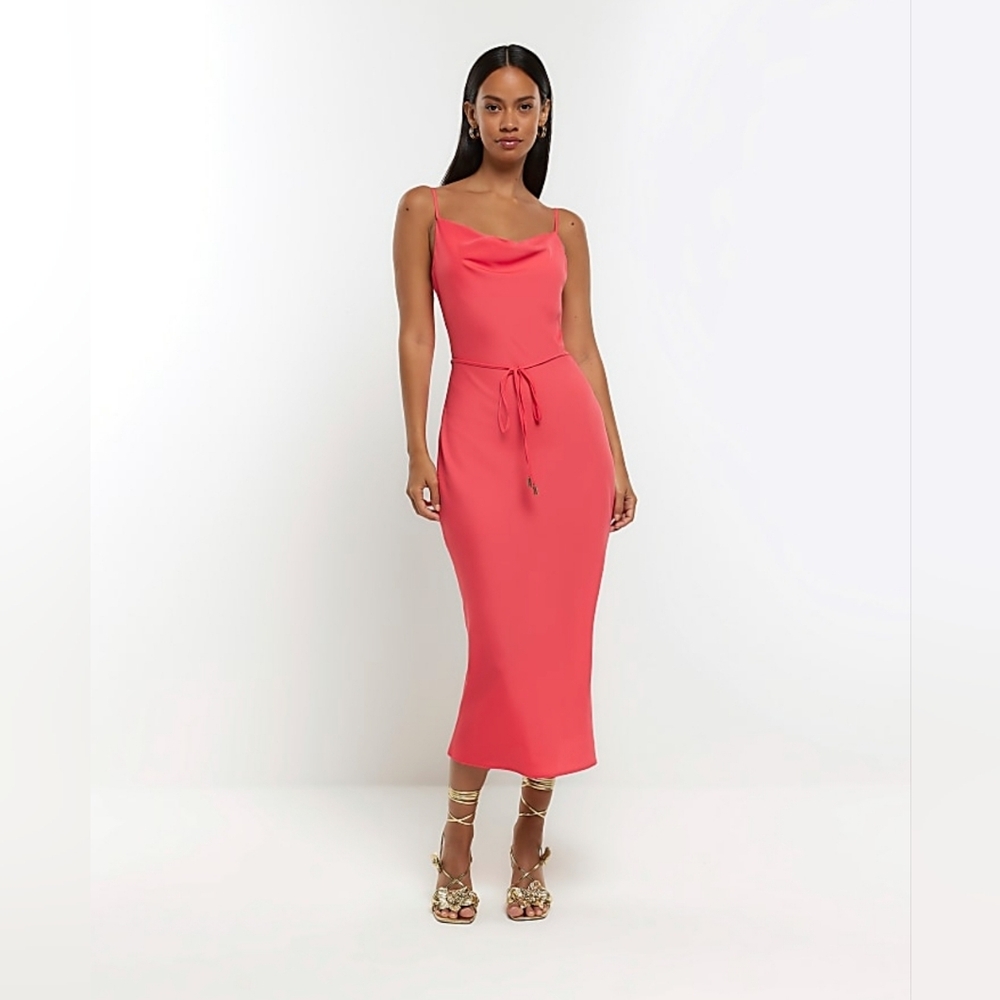River Island Coral Tie Waist Slip Midi Dress